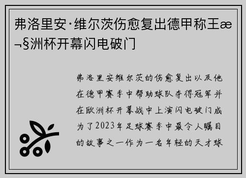 弗洛里安·维尔茨伤愈复出德甲称王欧洲杯开幕闪电破门